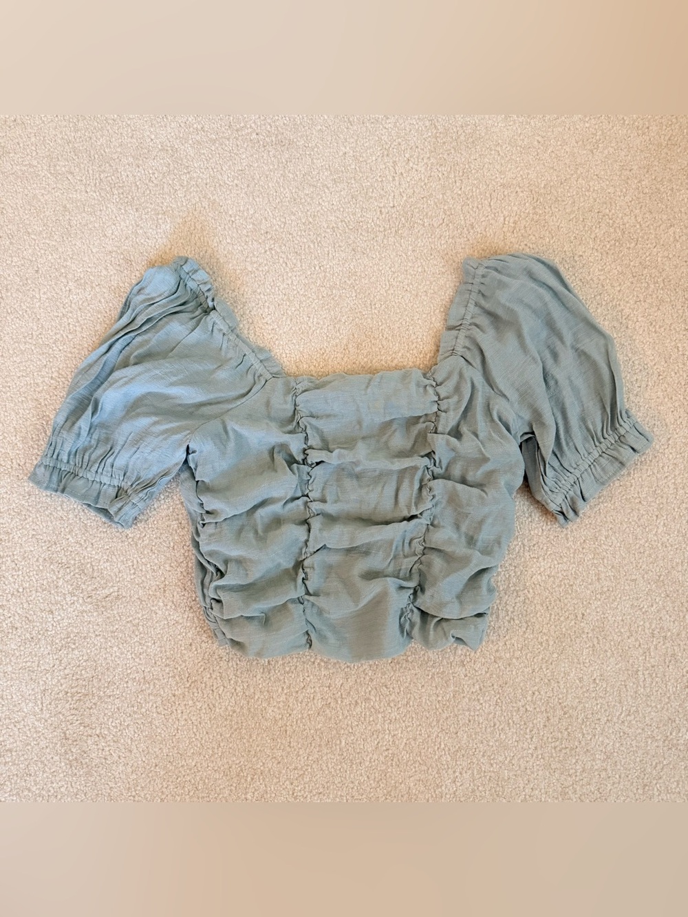 Love Tree blue green Ruching Crop Top short sleeve size small